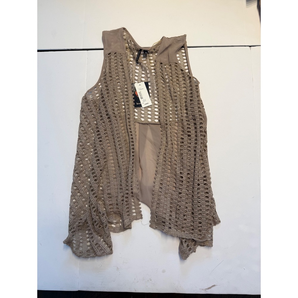 Heartsoul Mocha Crochet Lace Open Front Vest Sleeveless Cardigan 11AA64258 Large